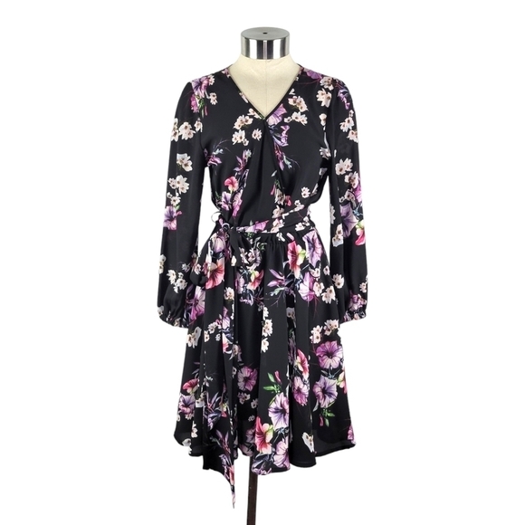 Meghan LA Dresses Meghan Los Angeles Black Floral Surplice Fit